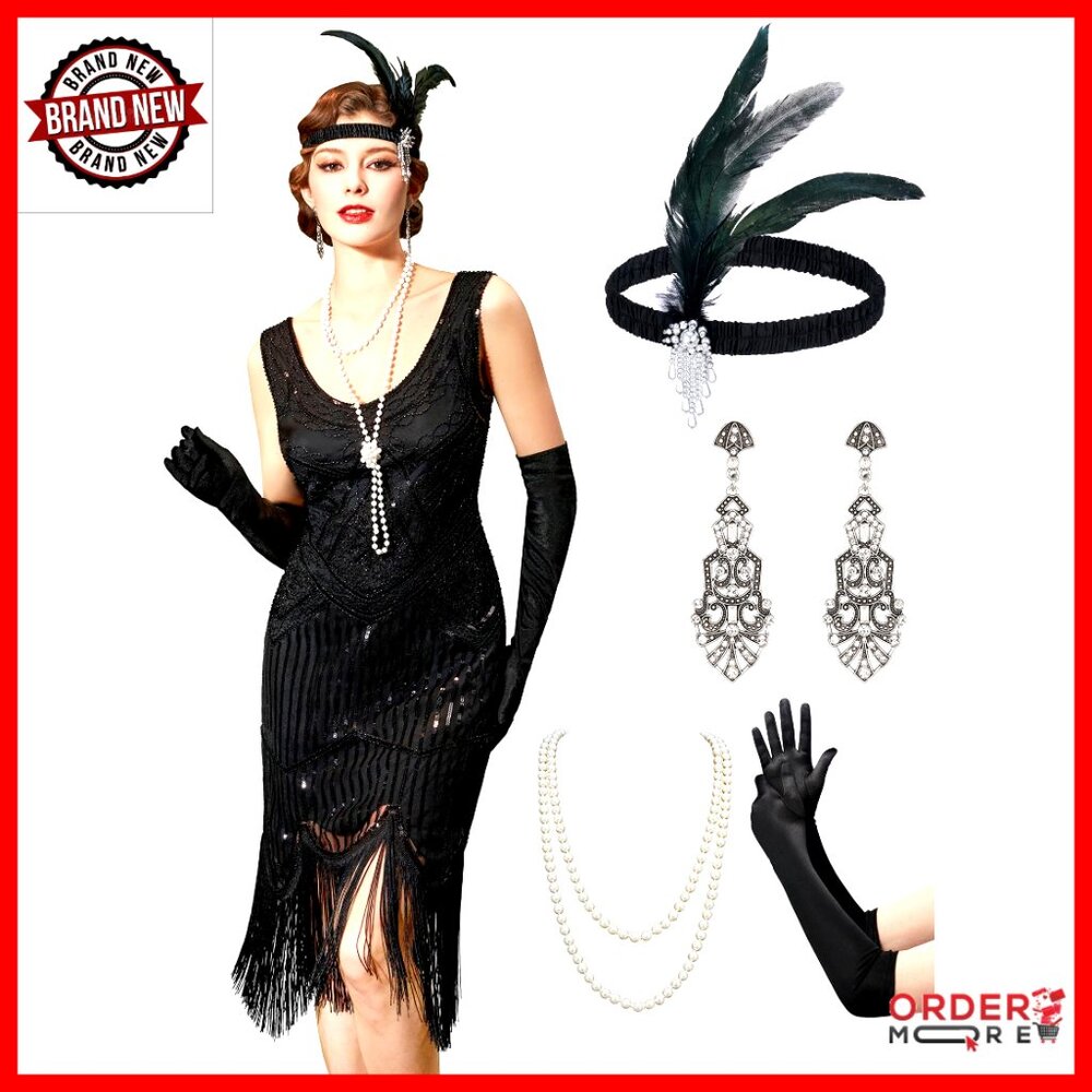 1920s Flapper Dress With Fringe Sequin Details And Accessories Set